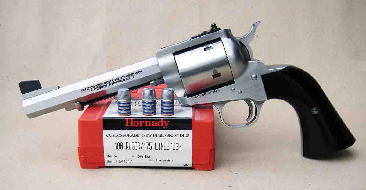 When using cast bullets in the Freedom Arms Model 757 chambered in .480 Ruger, bullets should be sized to no larger than .476 inch.